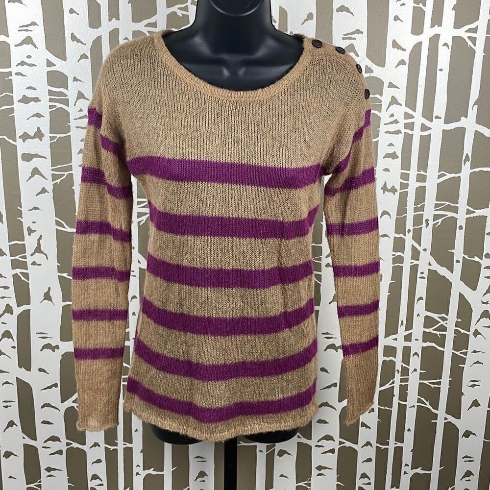 Ann Taylor LOFT Camel Tan & Purple Striped Loose Knit Mohair Blend Sweater sz XS